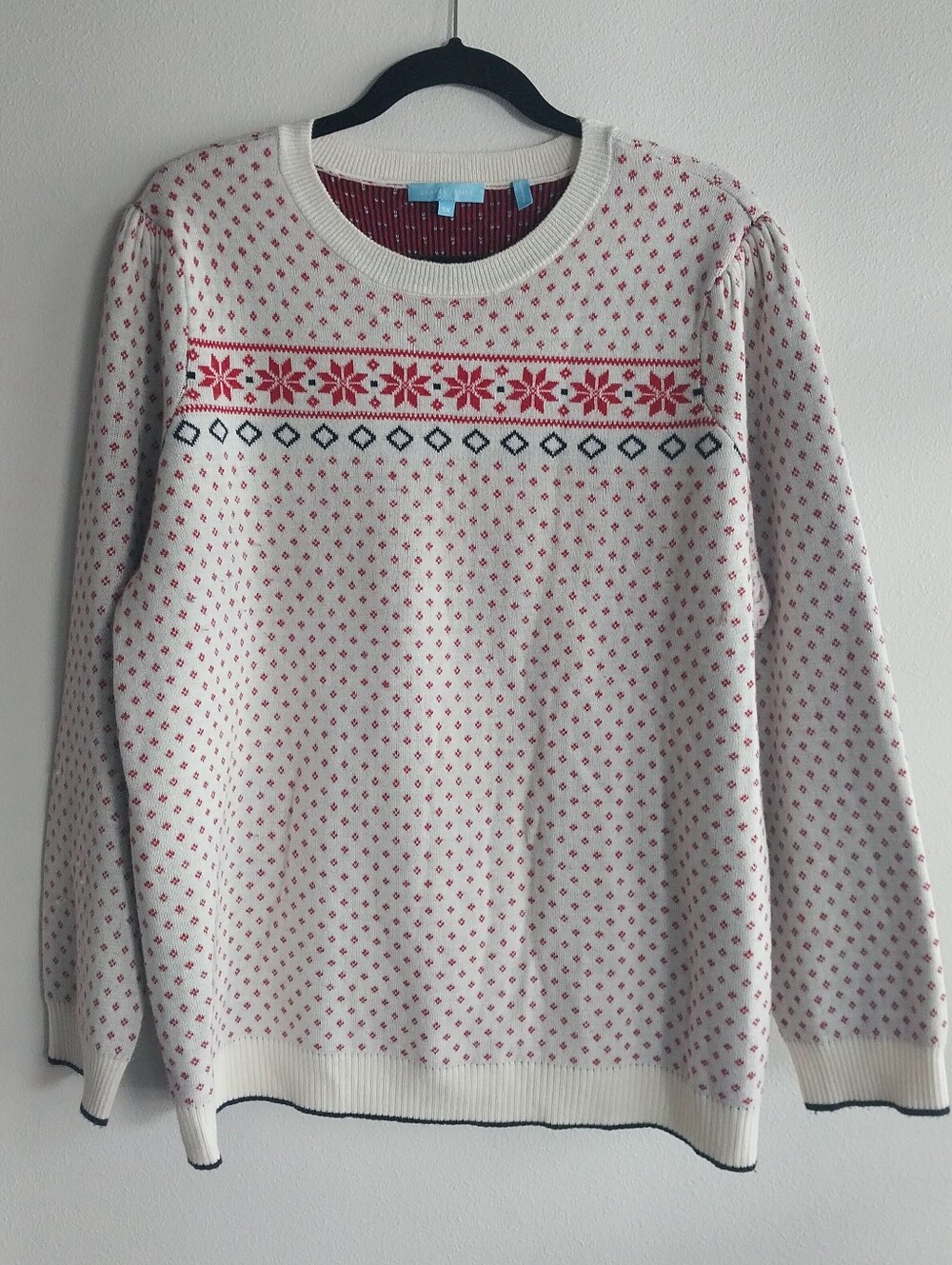 Draper James Red & White Fair Isle Long Puff Sleeve Crew Neck Wool Blend Sweater